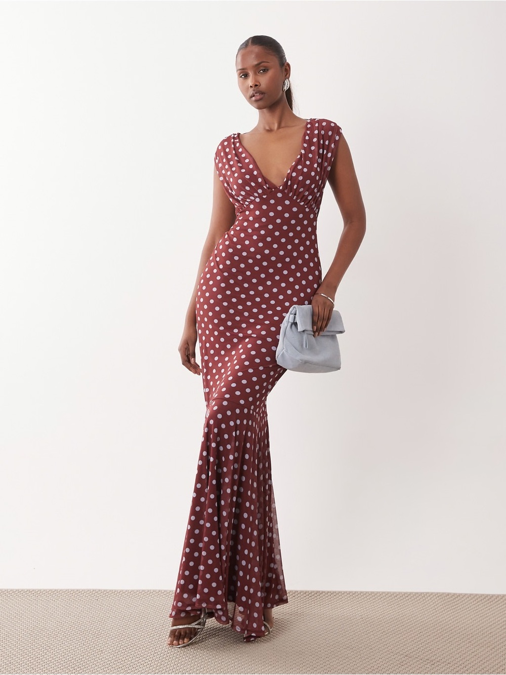 ASOS Design mesh off the shoulder maxi dress with fishtail hem in burgundy polka